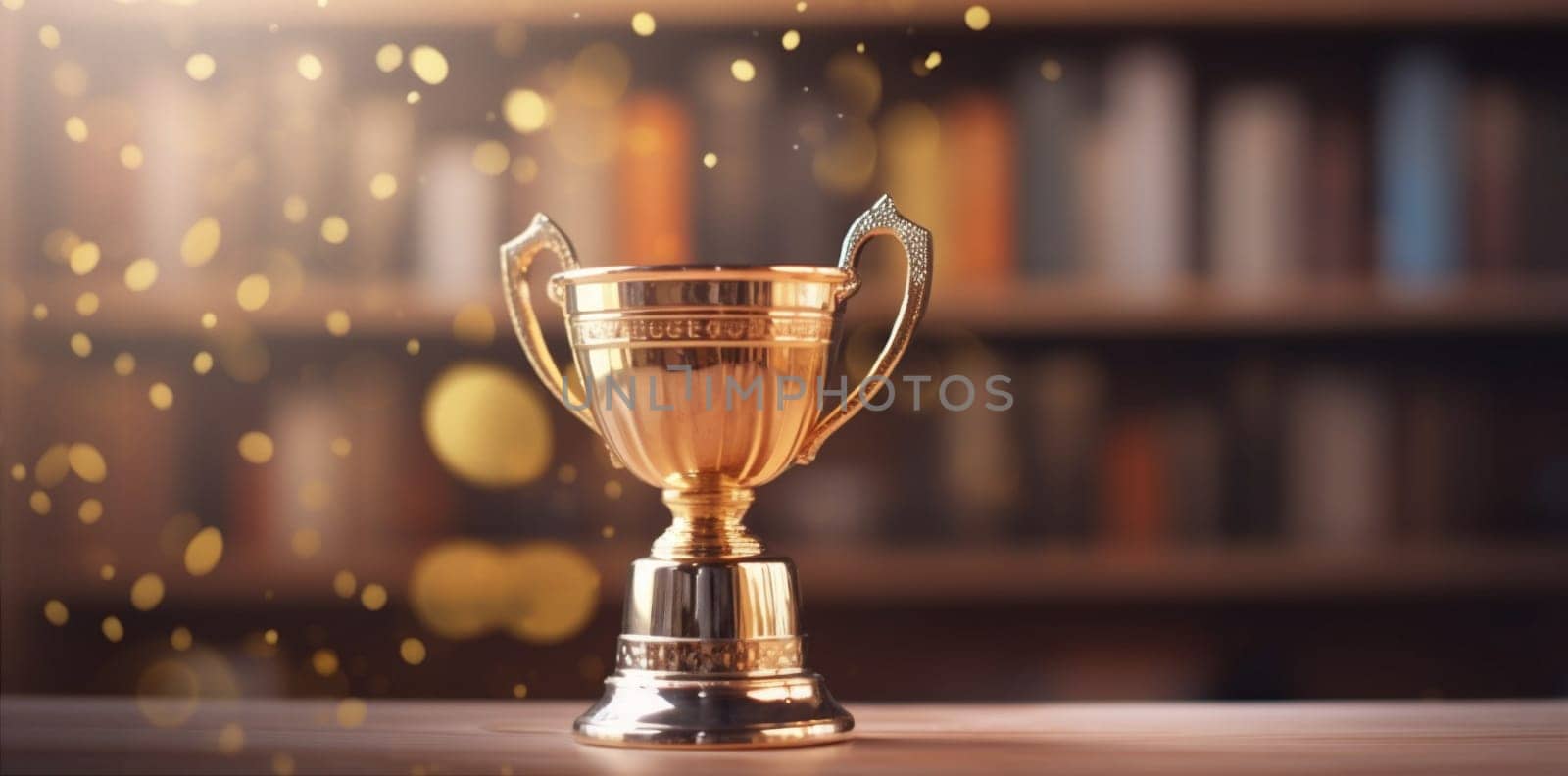 sport celebration illustration light shiny bokeh cup golden competition trophy prize business education library victory gold successful award space champion. Generative AI.