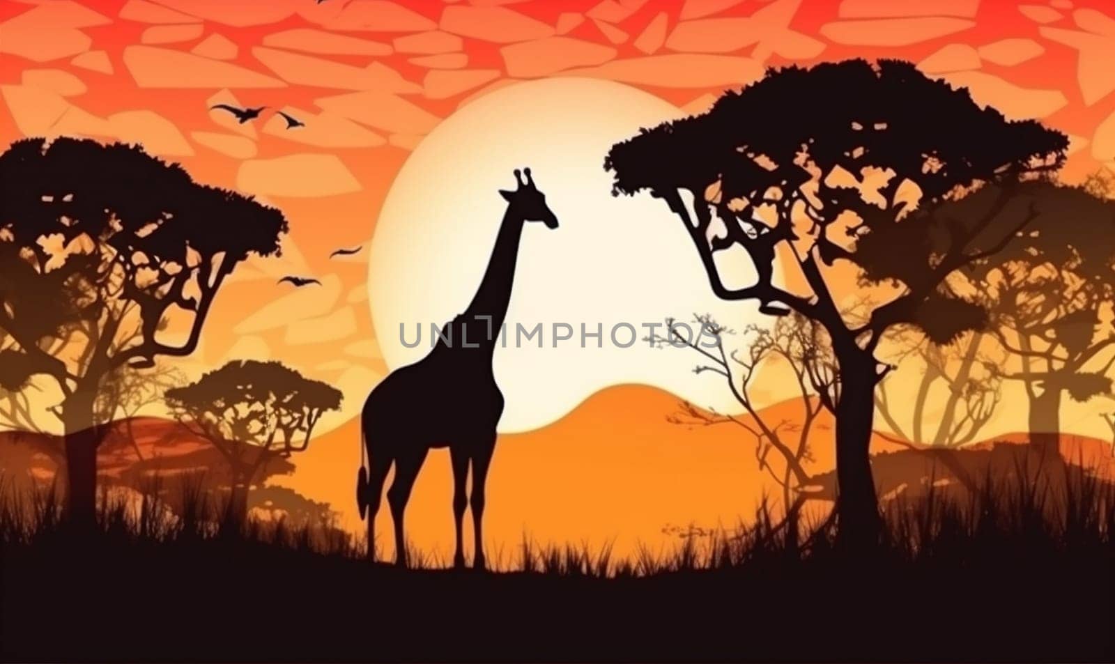 kenya background wildlife tree nature sunrise giraffe africa scene wild silhouette travel animal horizon elephant safari black natural sunset adventure. Generative AI.