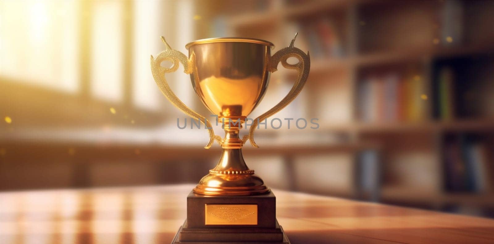 celebration cup prize competition champion gold bokeh library trophy award. Generative AI. by SHOTPRIME