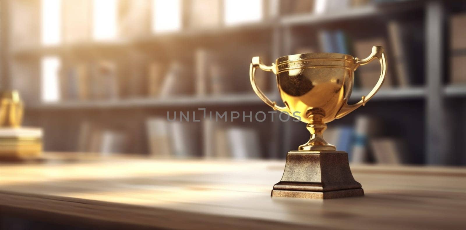 victory gold champ prize shiny concept first light award best championship champion trophy competition bokeh background cup celebration library golden. Generative AI.