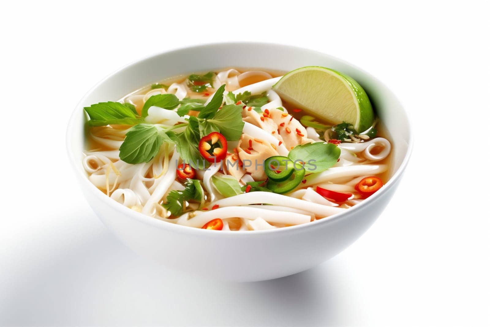 tasty dinner background on dish noodle soup isolated traditional lunch meal pho white bowl food asian cuisine cooking meat broth white plate hot. Generative AI.