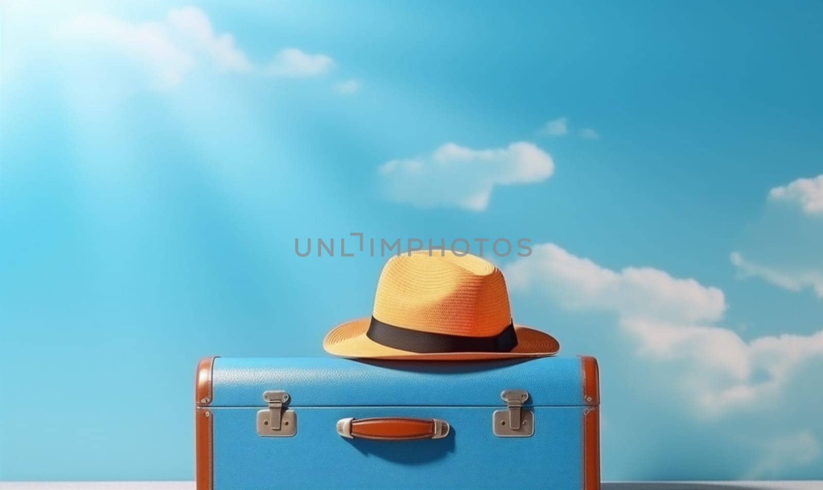 hat voyage sun hipster blue trip summer baggage journey background space large fly traveler holiday concept transportation copy vacation travel business suitcase. Generative AI.