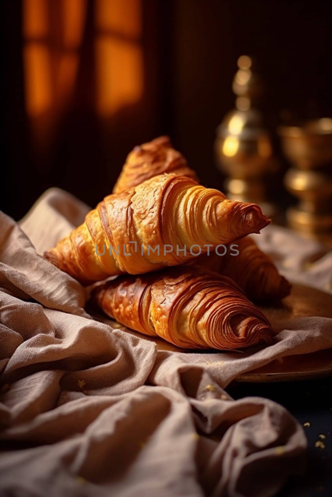 bakery tasty drink bokeh background morning croissant cup table breakfast background food. Generative AI. by SHOTPRIME