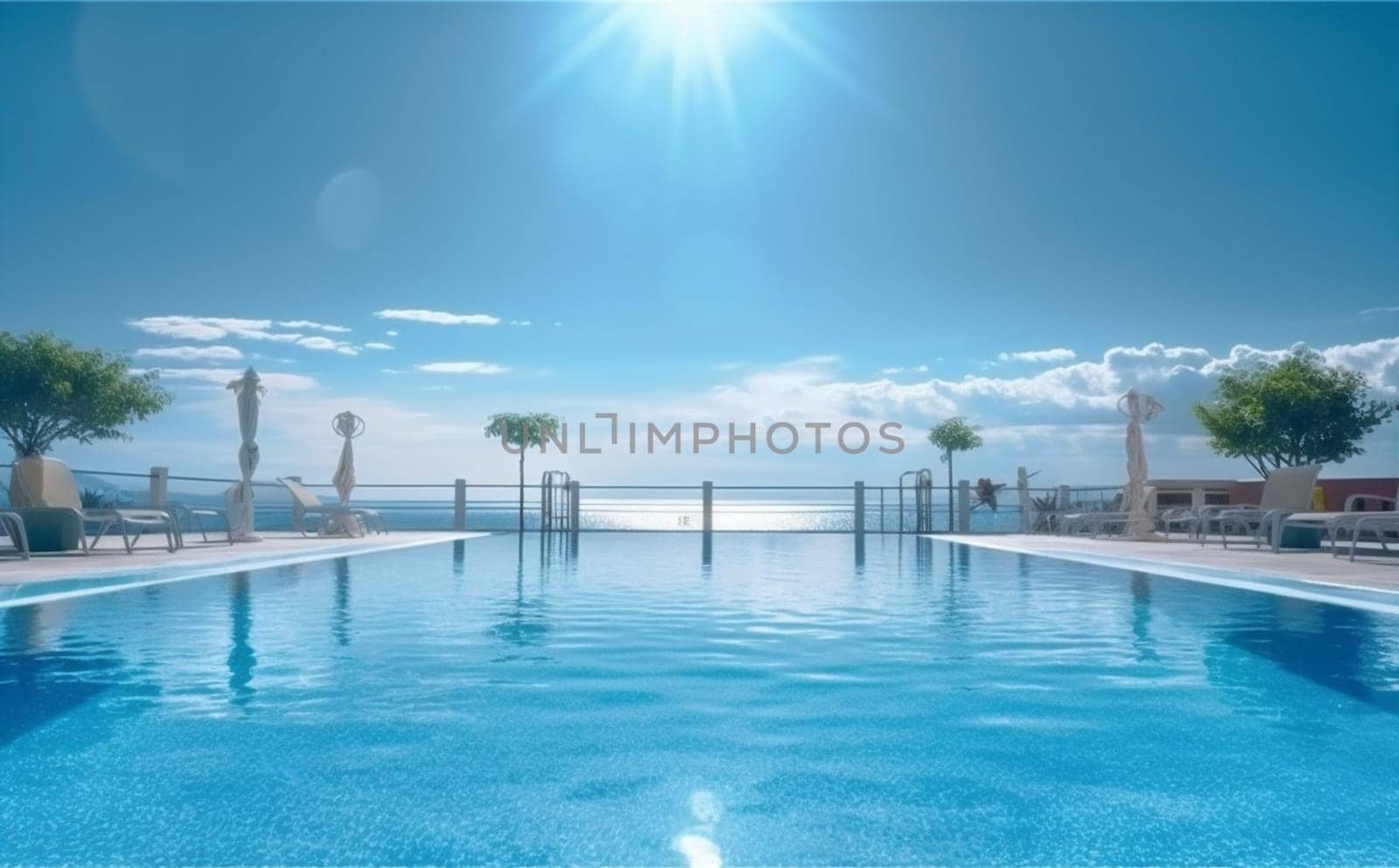 blue luxury relaxation summer swimming home water palm pool large. Generative AI. by SHOTPRIME