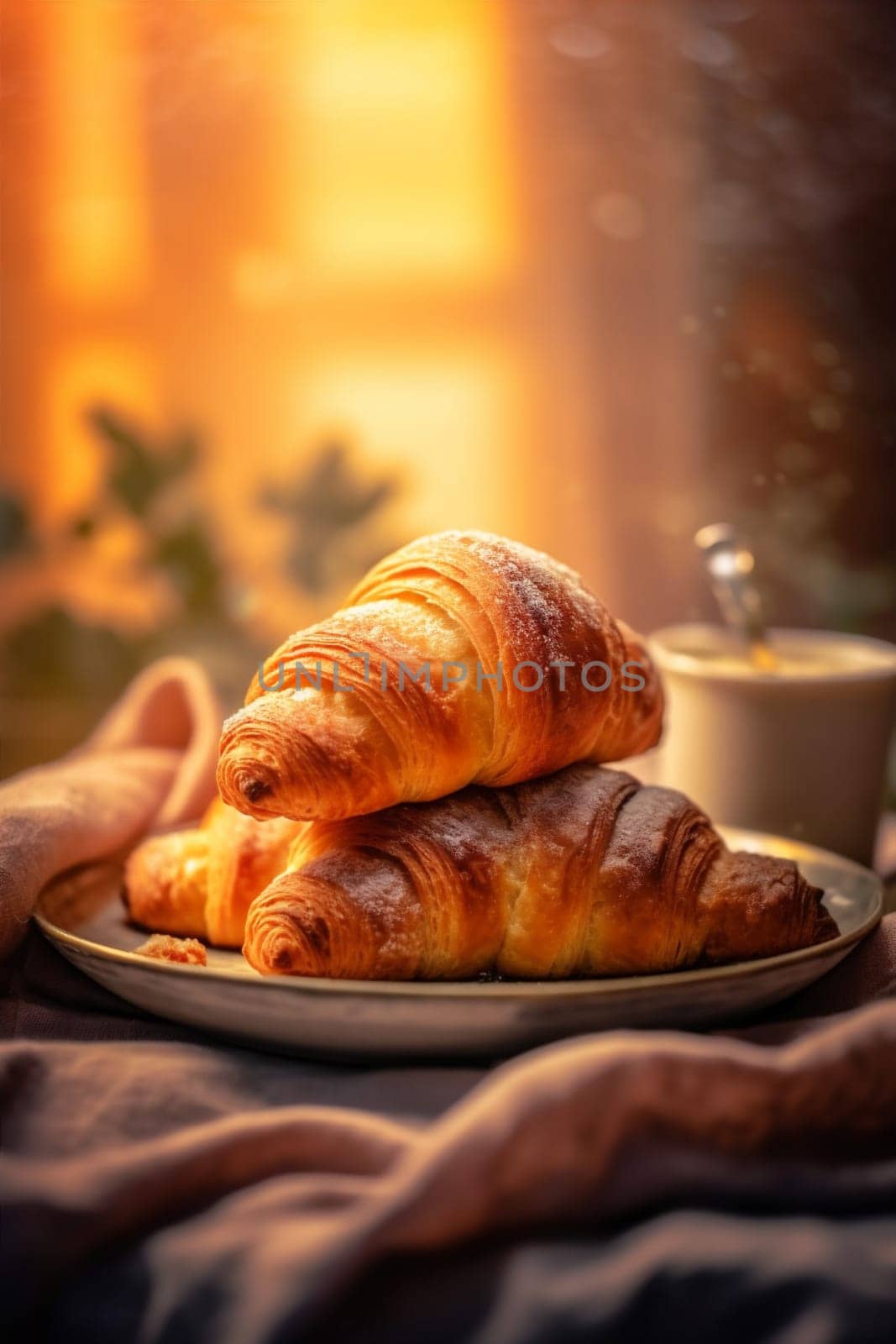 rustic gold cup bokeh drink background breakfast morning bread bakery food meal hot background wooden fresh cappuccino table mug drink hot snack croissant. Generative AI.