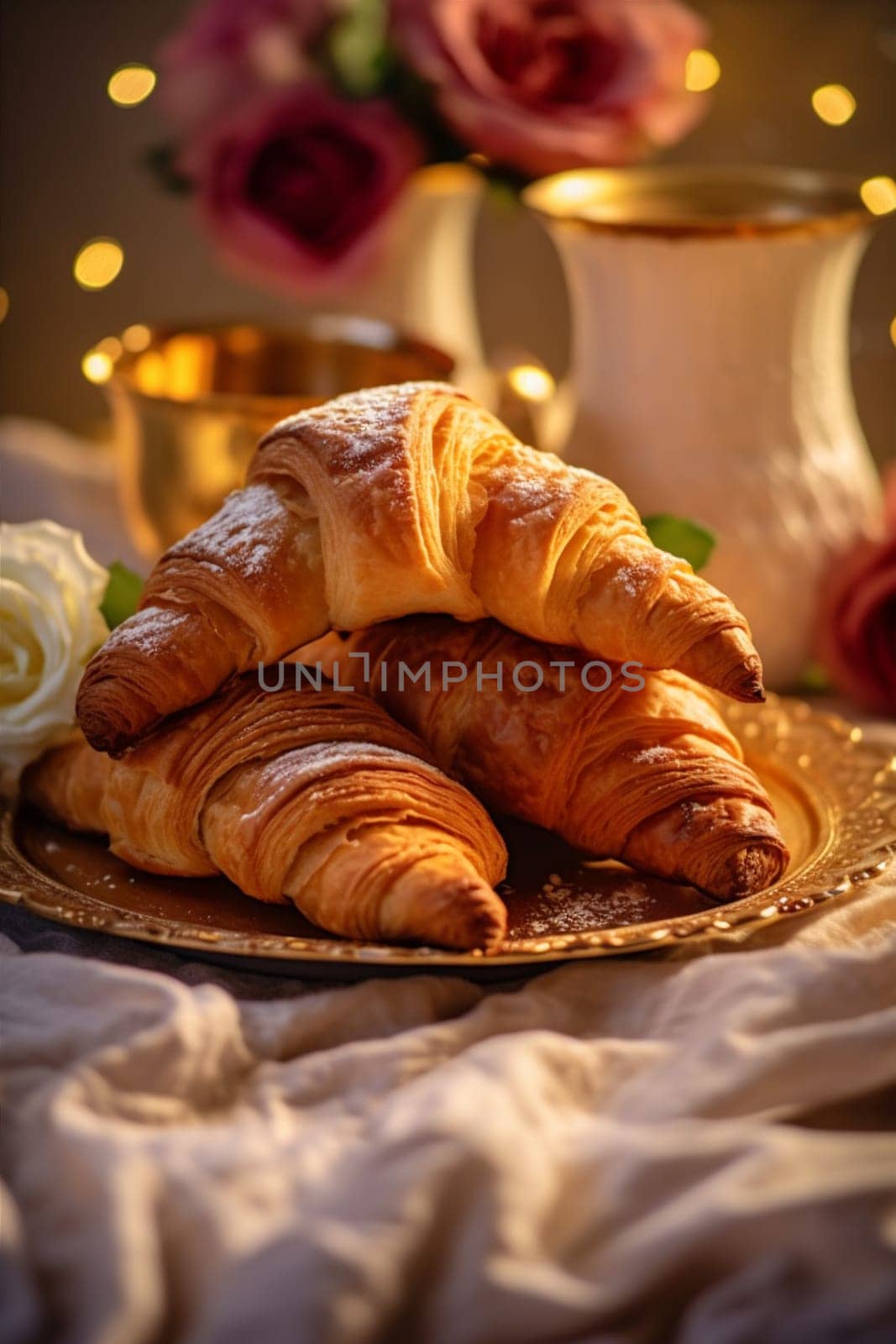 morning food table croissant cup background drink bokeh background mug bakery breakfast. Generative AI. by SHOTPRIME