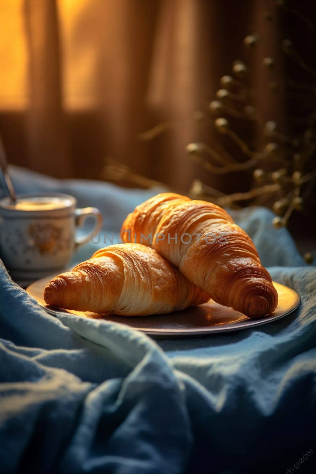 table morning background cup breakfast food croissant drink bakery background france bokeh. Generative AI. by SHOTPRIME
