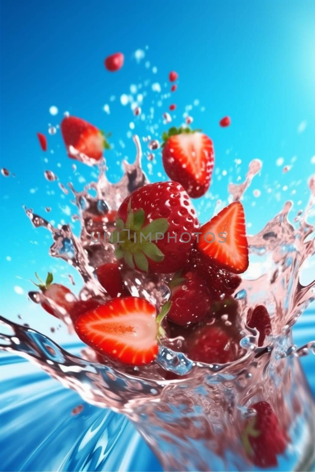 red food healthy water background blue splash freshness fruit strawberry fresh. Generative AI. by SHOTPRIME