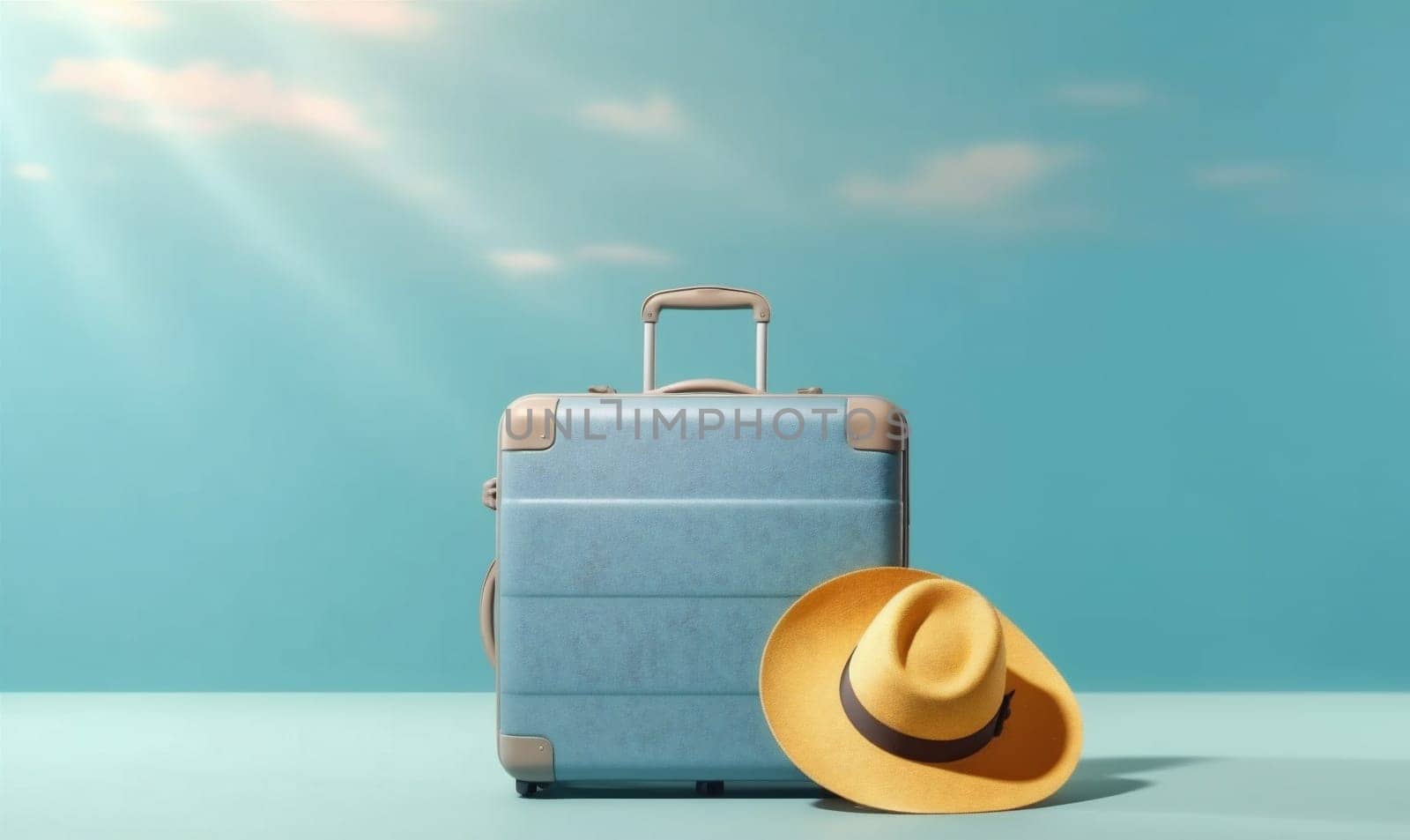 vacation object journey beautiful background copy baggage transport bag recreation tourist airport travel hat summer holiday trip blue suitcase holding copy space. Generative AI.