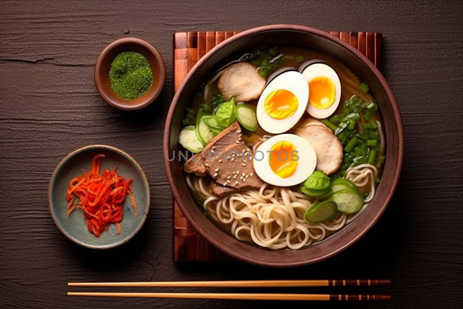 egg bowl asian dinner meat copy space soup meal vegetable chinese pasta ramen noodle boiled japanese miso chopstick food table spicey. Generative AI.