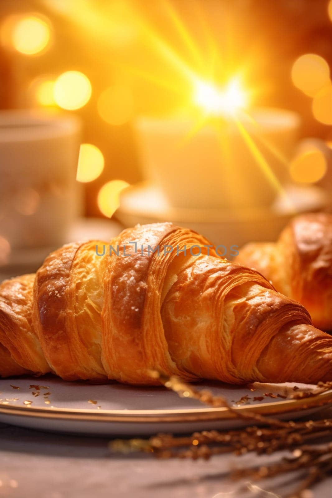 croissant morning background bakery background drink cup sweet food table bokeh breakfast. Generative AI. by SHOTPRIME
