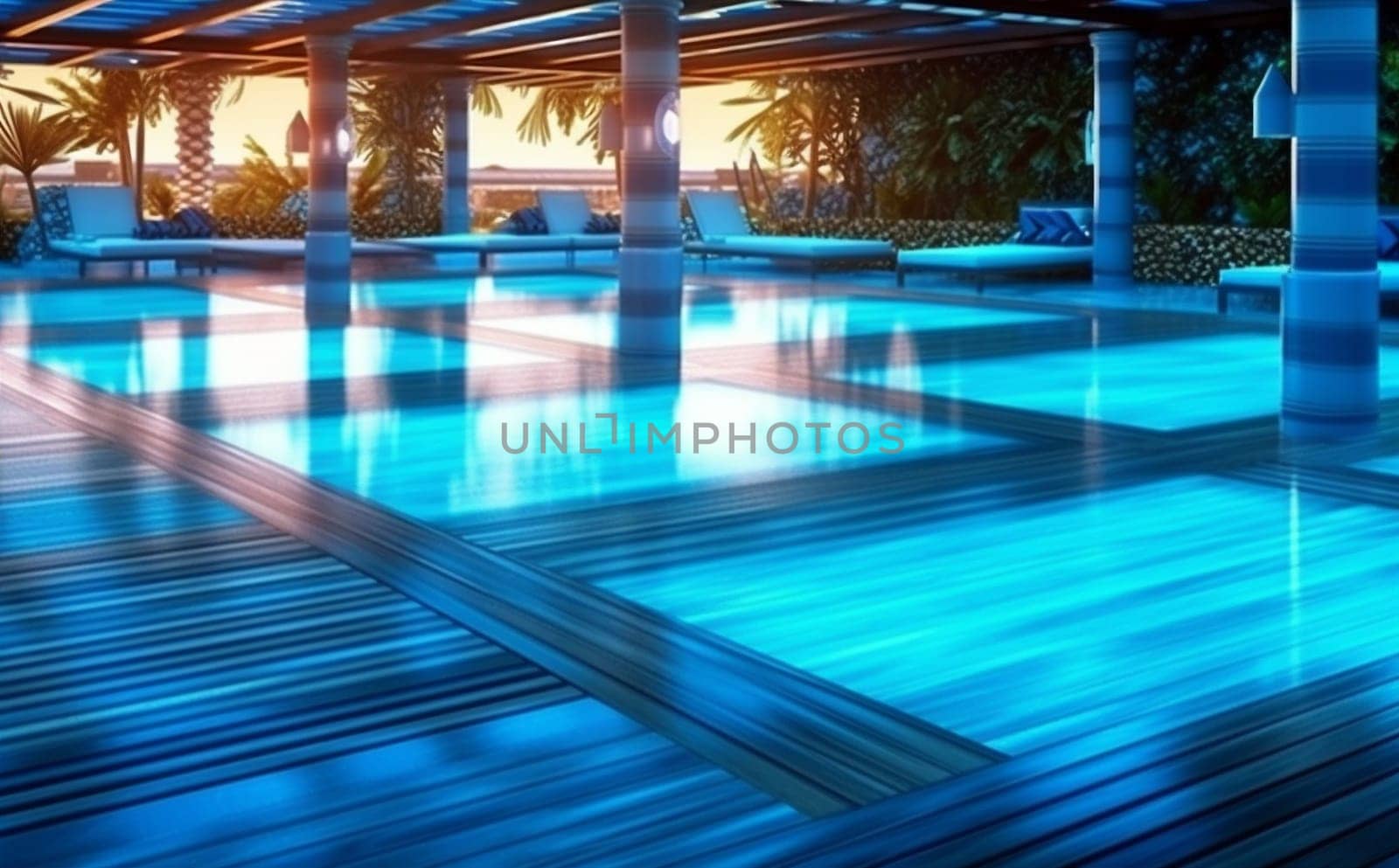 summer pool vacation house dusk view large exterior recreation light modern nature artificial luxury resort new night luxurious holiday water. Generative AI.