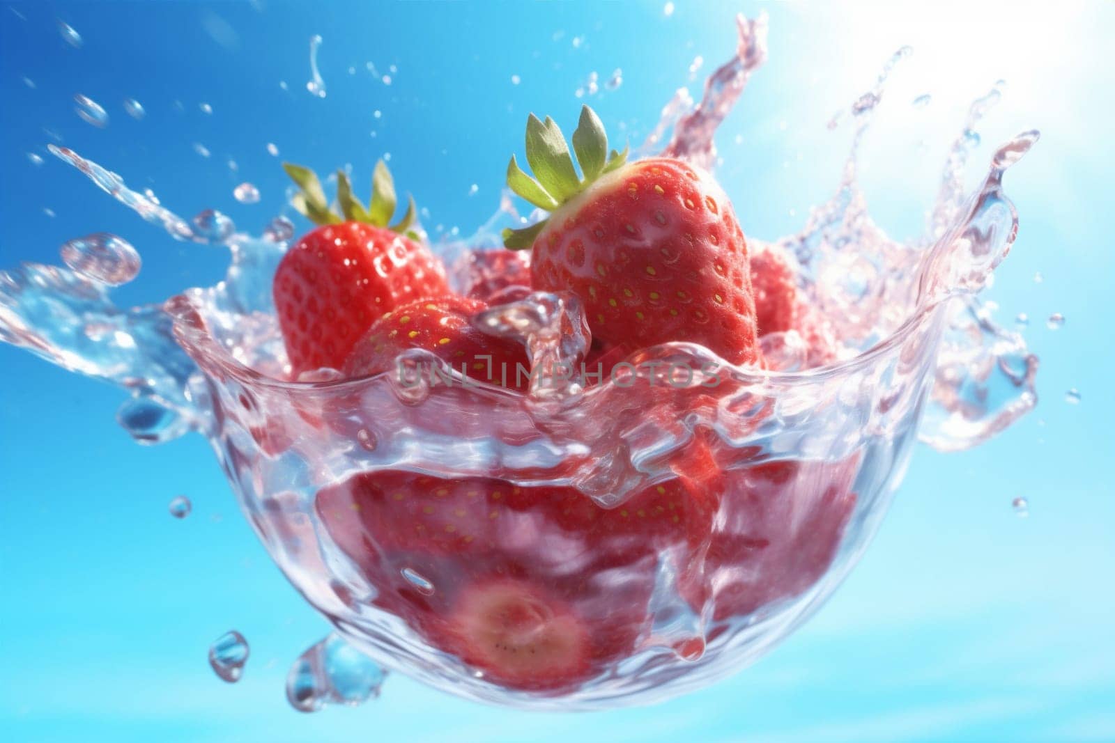 raw fresh cherry nature red food fruit water background health cyan healthy vitamin freshness air splash tasty azure blue background strawberry. Generative AI.