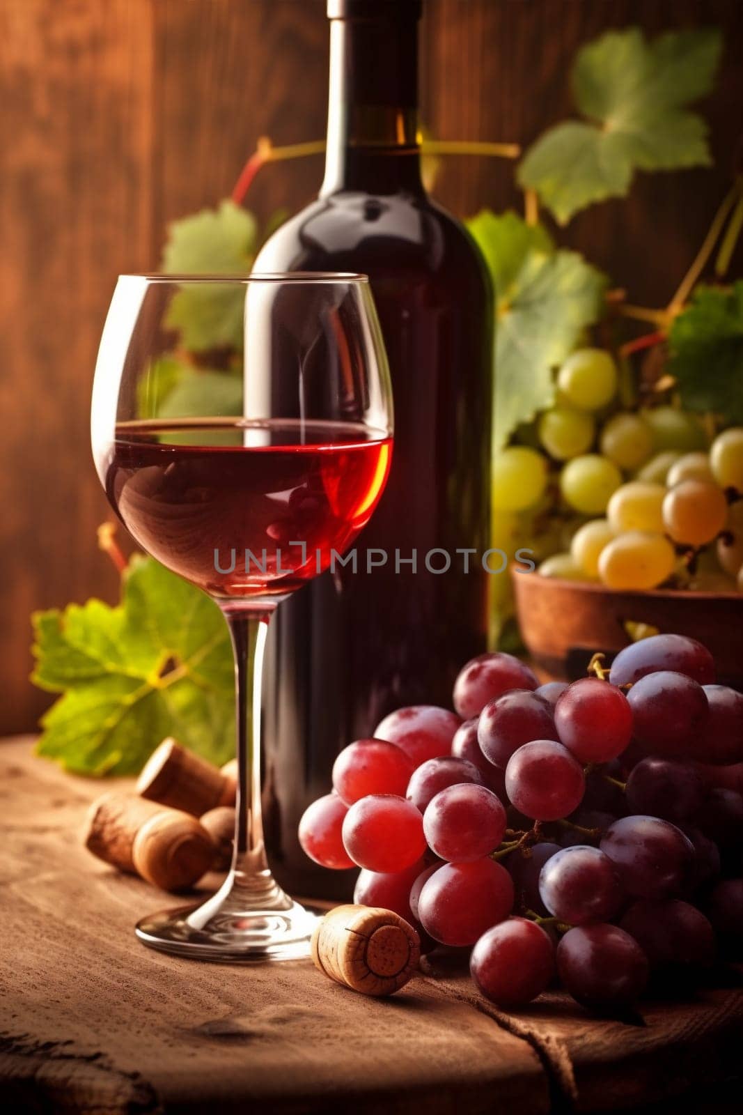 table grape alcohol background glass drink beverage bottle winery wine food. Generative AI. by SHOTPRIME