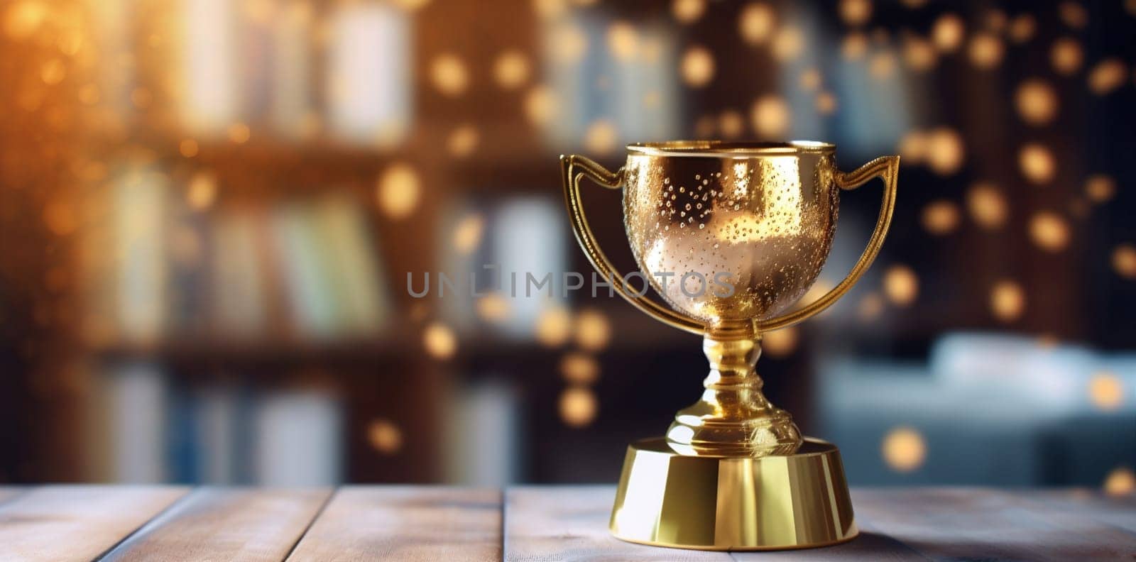 trophy succeed award cup leadership champion background celebration illustration shiny winner win bokeh successful library competition ceremony gold prize champ. Generative AI.