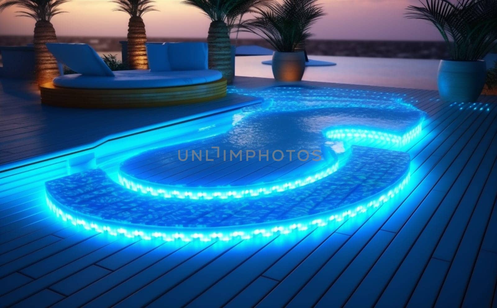 pool water light holiday large summer vacation resort luxury night. Generative AI. by SHOTPRIME