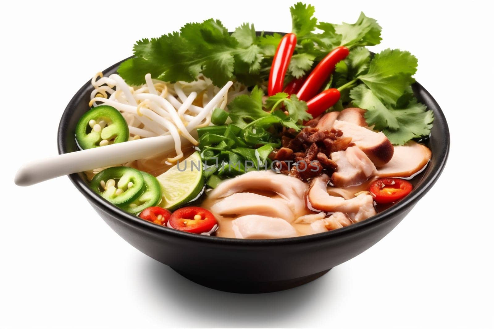 broth basil white isolated cooking chinese pho bo top copy asian soup bowl korea space white lime traditional background noodle on chili dish food beef. Generative AI.
