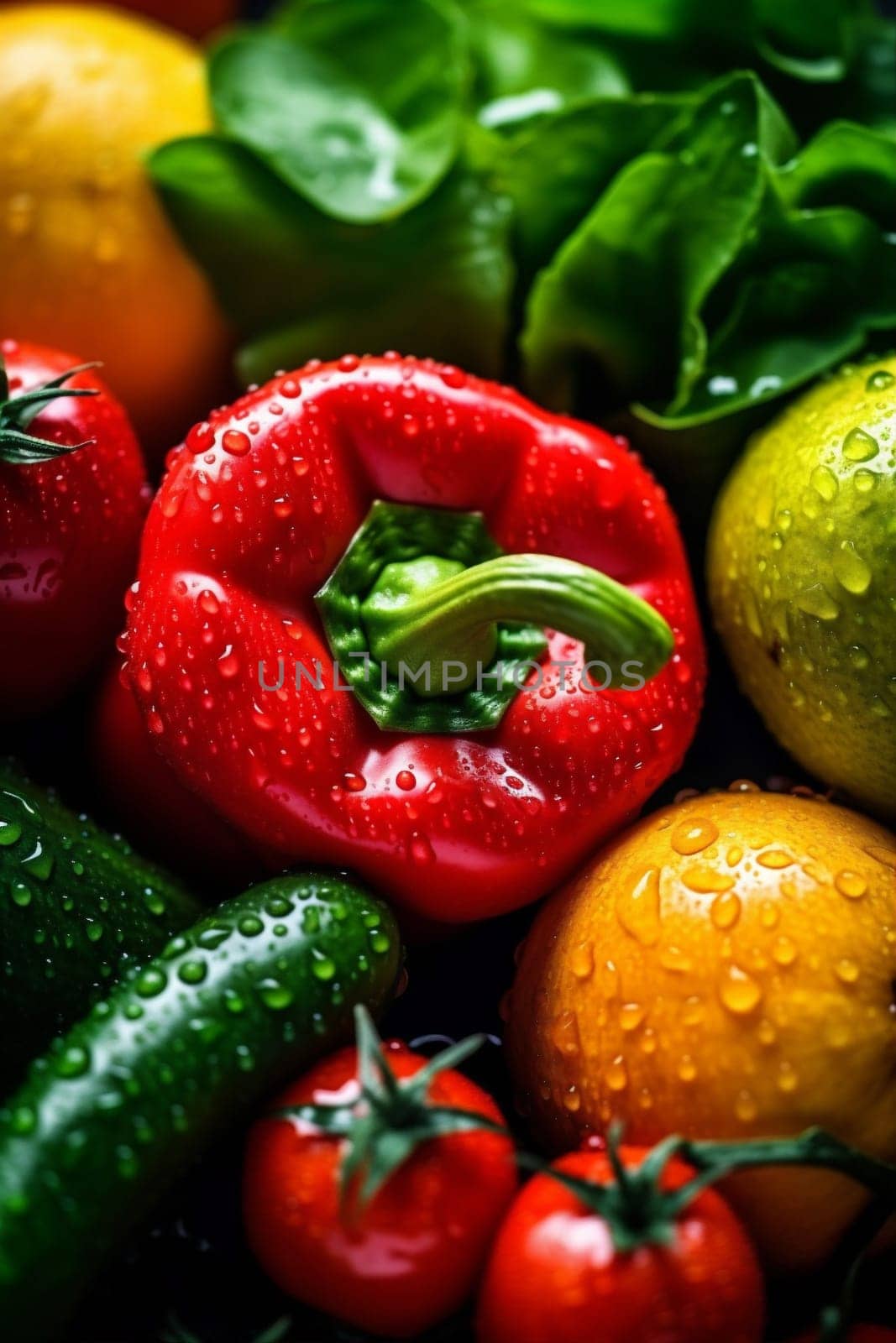 fruit close-up background black food green vegetable fresh lettuce raw vegetarian object healthy organic drop water group closeup cucumber freshness cooking salad. Generative AI.
