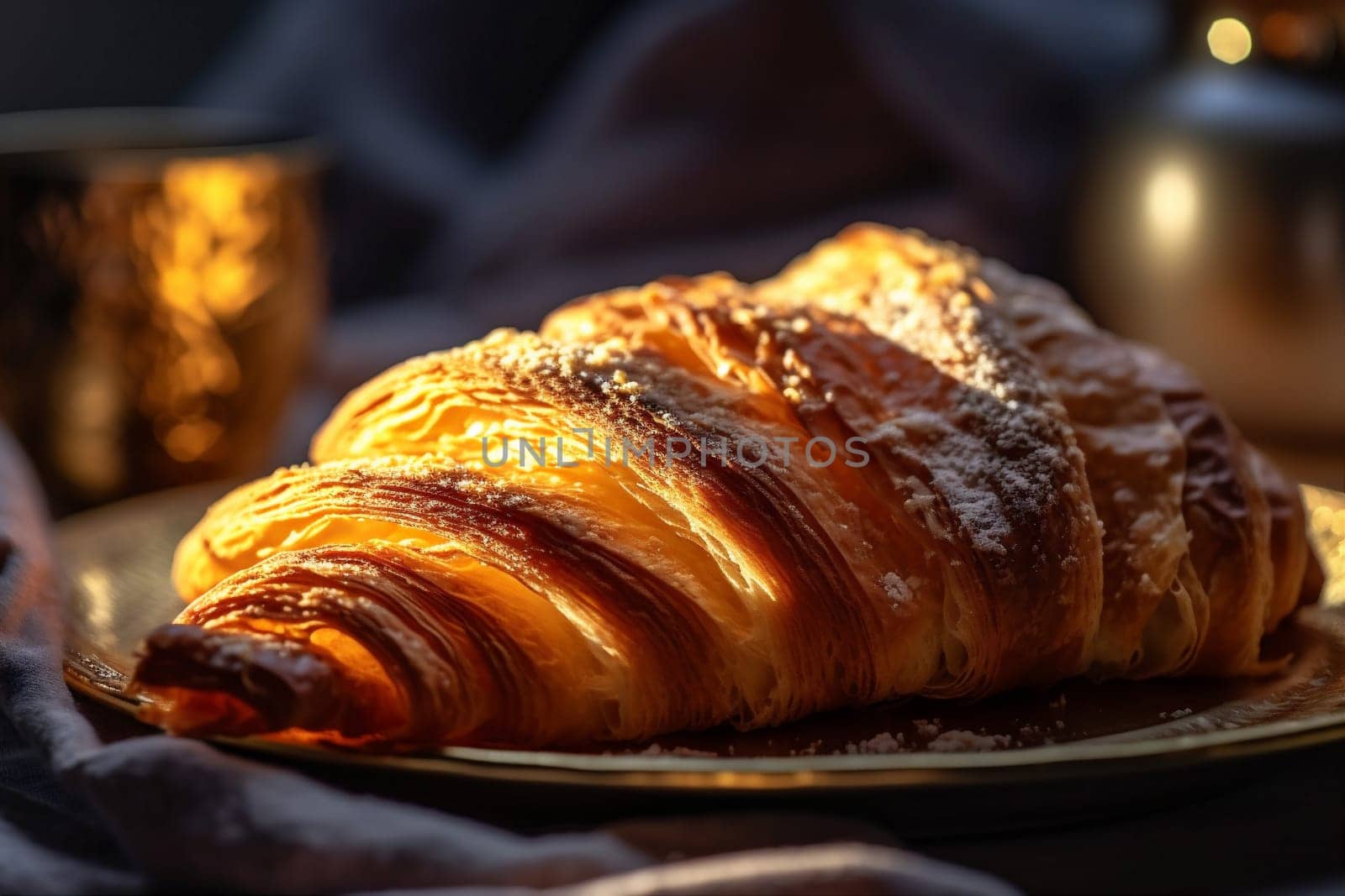 tasty breakfast beverage bokeh cup bakery background food drink table croissant bread caffeine french morning smoke meal delicious brown freshness space background. Generative AI.