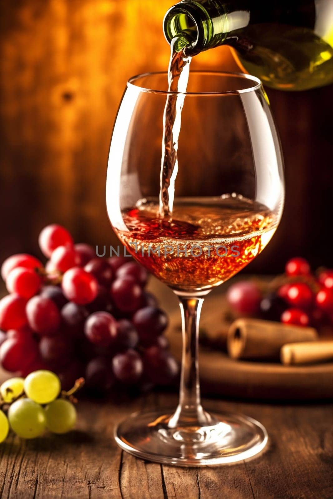grape old sunset glass background lifestyle beverage drink white barrel wine winery party celebrate vintage grapevine bunch bottle food alcohol fresh. Generative AI.