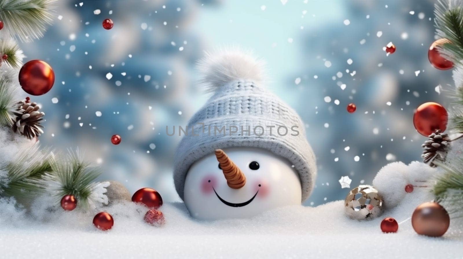 snowman holiday freeze fir white nature new snowfall winter new cartoon funny xmas snow season christmas landscape celebration blue background card year. Generative AI.