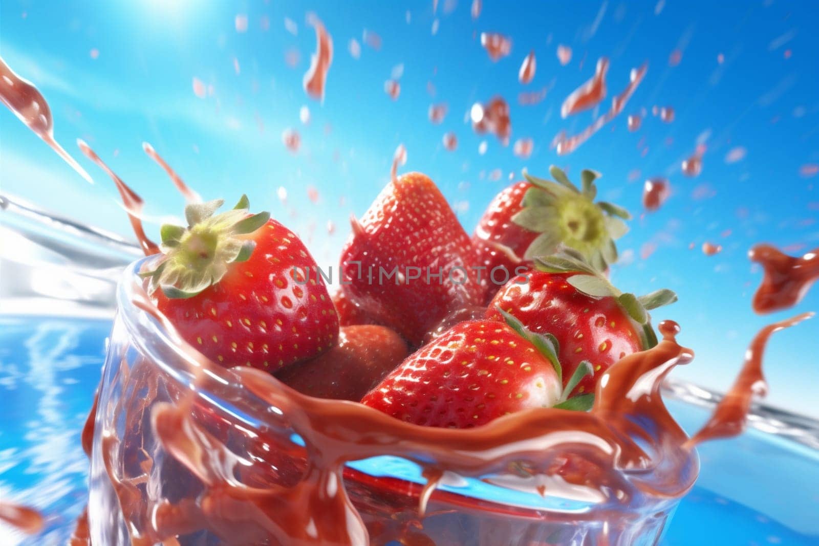 fresh food splash clear background blue red raw wet water liquid macro sweet background bubble fruit freshness healthy strawberry azure delicious. Generative AI.