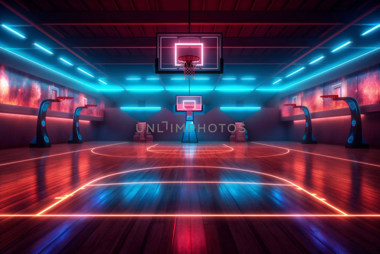 empty game indoor background interior nobody black neon hall arena corridor basketball. Generative AI. by SHOTPRIME