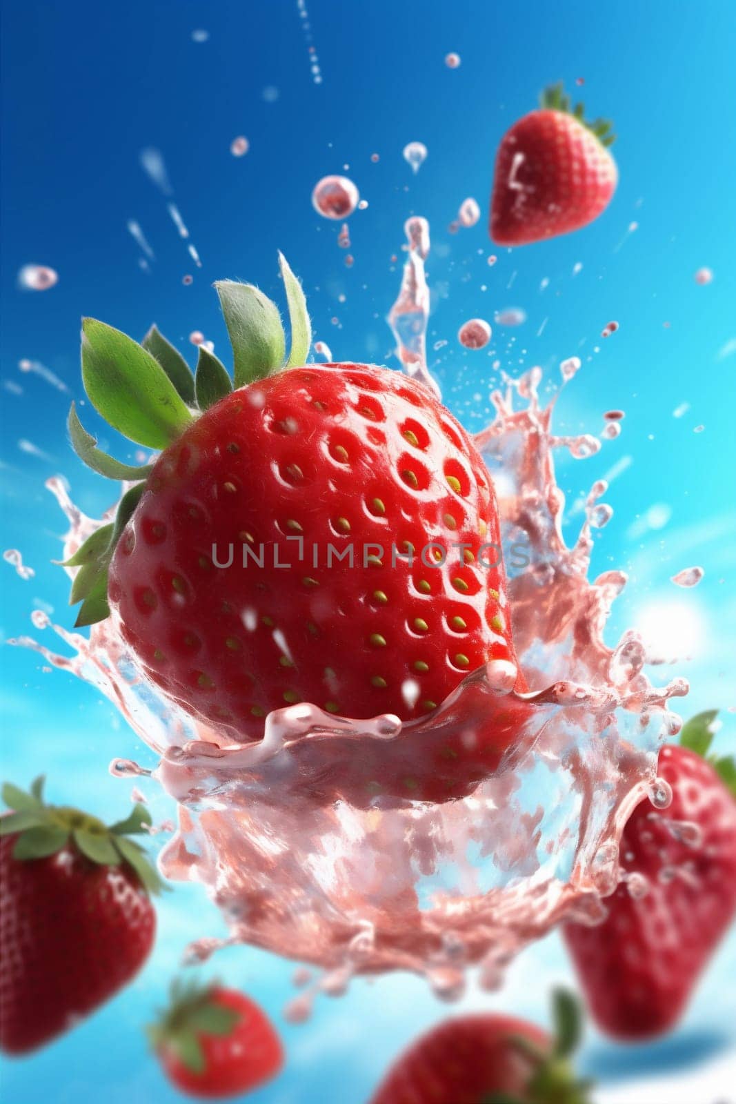 food fresh blue background splash fruit strawberry freshness water healthy red. Generative AI. by SHOTPRIME