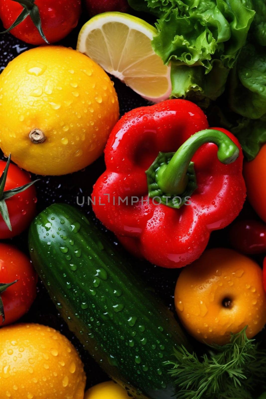 market vegetarian collage green healthy organic object tomato vegetable cucumber food drop diet close-up water closeup pepper red background agriculture drop fresh. Generative AI.