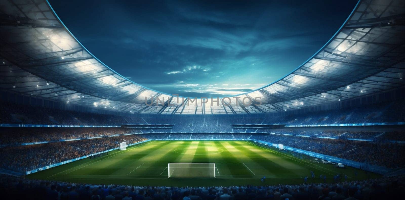 sport green arena world stadium light goal football game soccer. Generative AI. by SHOTPRIME
