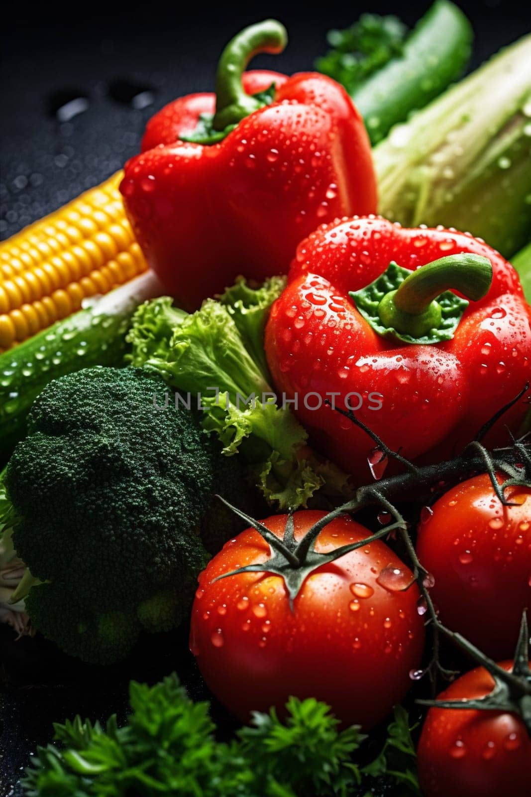fresh broccoli leaf pepper healthy drop vegetable water vegetarian clean fruit health green background collage splash harvest organic isolated close-up water food. Generative AI.