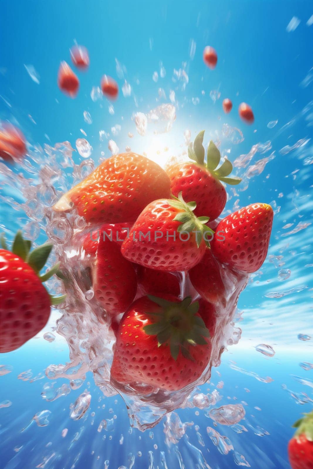 fresh red fruit strawberry freshness background splash water healthy blue food. Generative AI. by SHOTPRIME