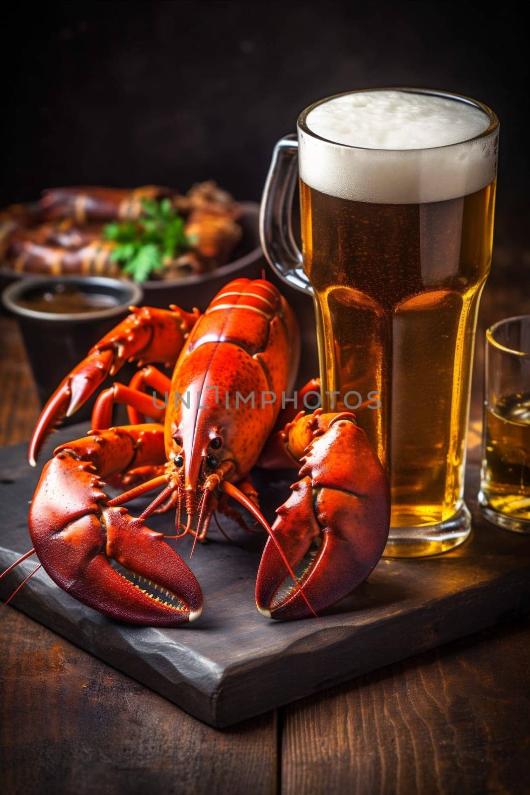 beer red glass seafood snack crab crayfish crawfish dinner food background. Generative AI. by SHOTPRIME