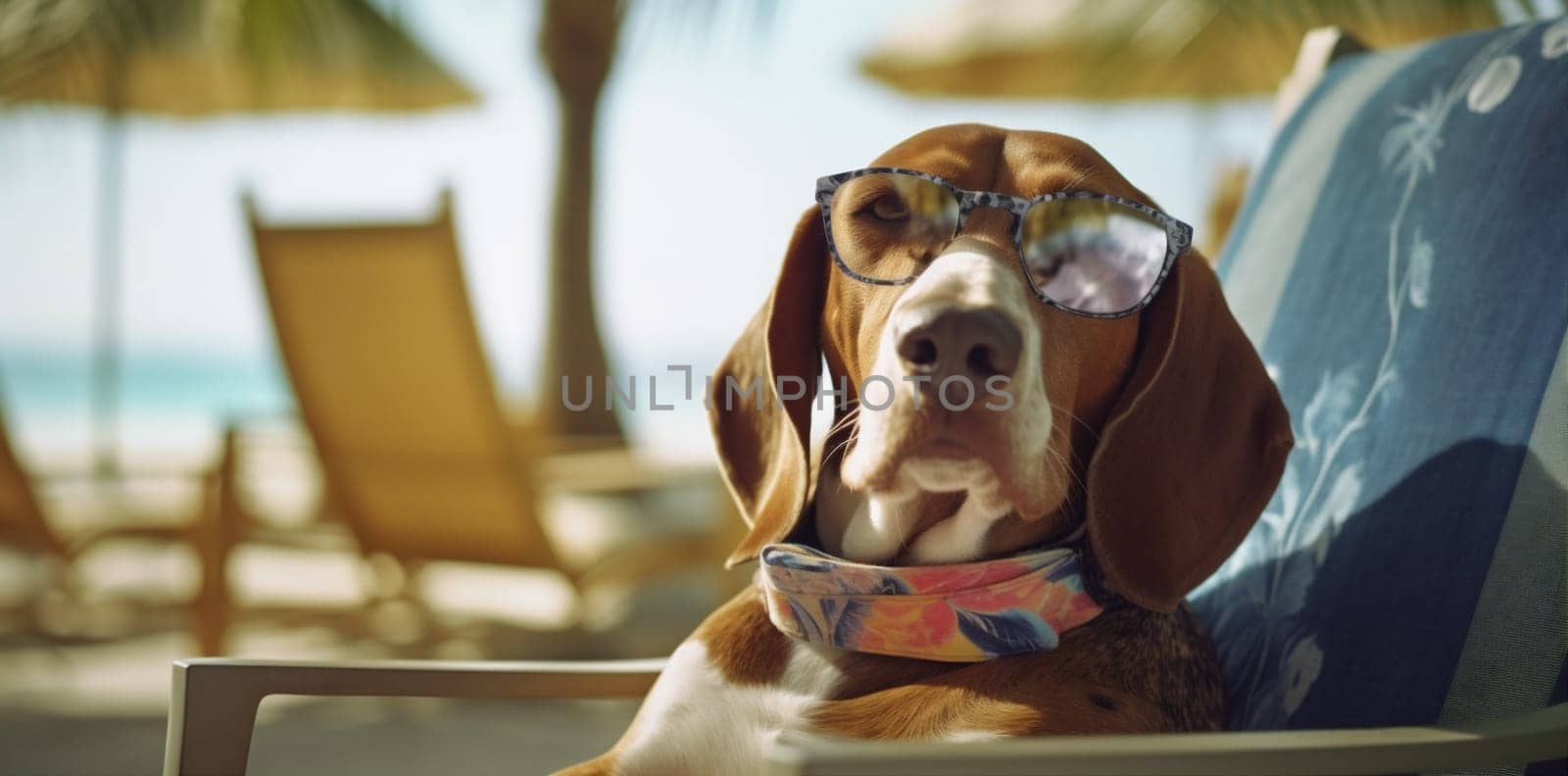 dog blue lounger beach fun summer ocean vacation tropical leisure sunglasses chair sea chair relax colorful funny lazy holiday pet deck. Generative AI.