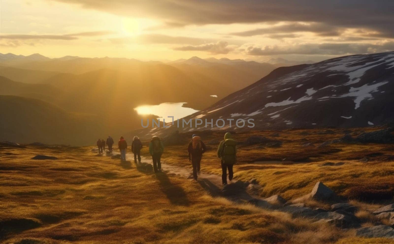 woman trekking man lifestyle tourist group hiker mountain hiking walking travel nature. Generative AI. by SHOTPRIME