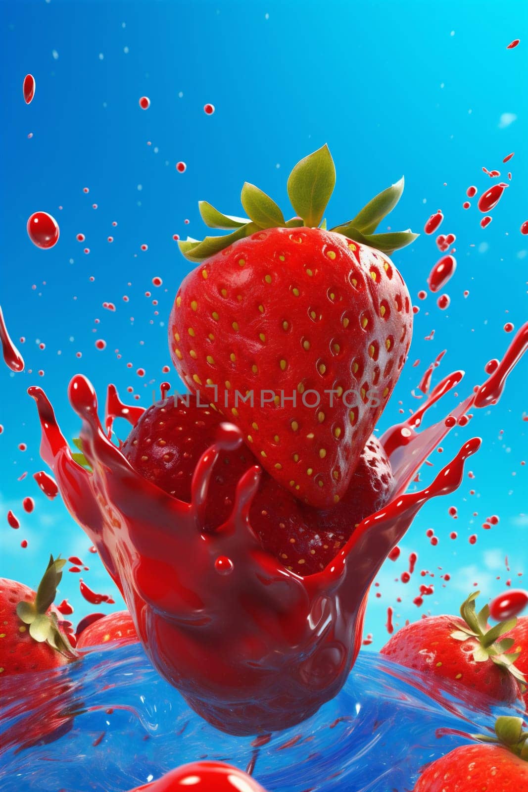 blue freshness strawberry splash food red healthy fresh water background fruit. Generative AI. by SHOTPRIME