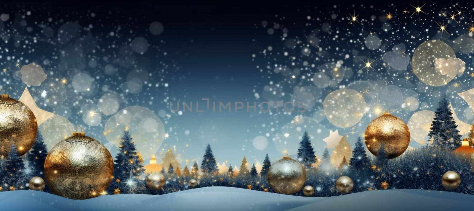 decoration christmas background poster toy garland tree ball holiday blue gold. Generative AI. by SHOTPRIME