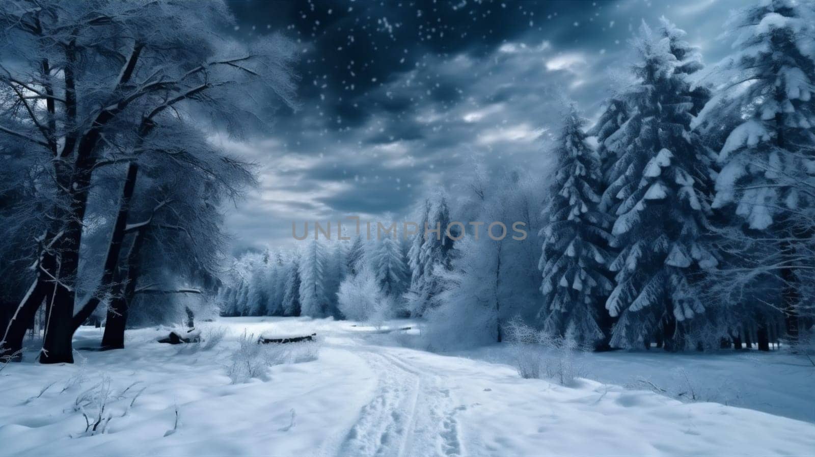fir background snow snowflake sky holiday tree new white christmas year winter. Generative AI. by SHOTPRIME
