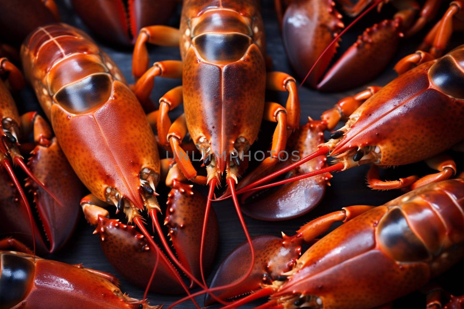 boiled cooked crayfish close-up crawfish claw lobster background red food seafood. Generative AI. by SHOTPRIME