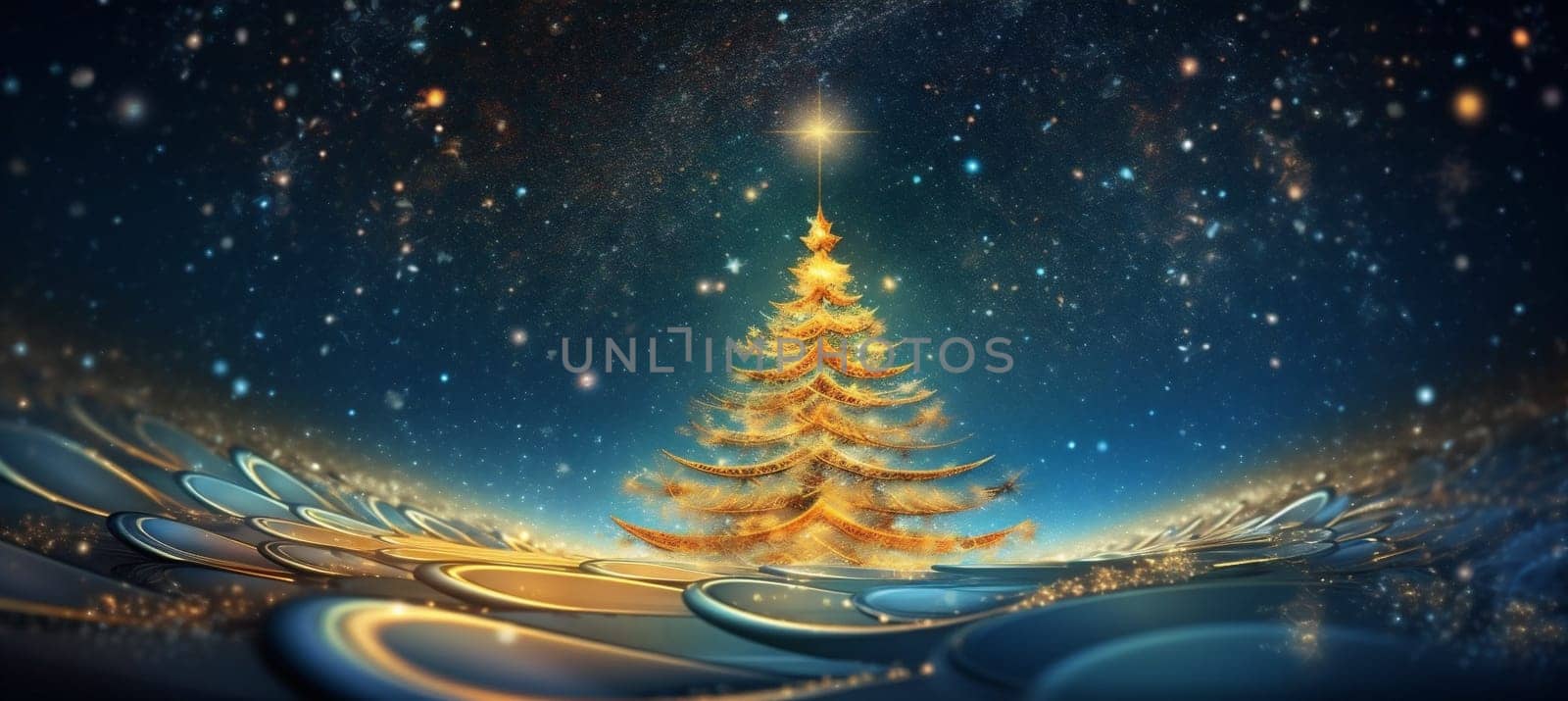 gold decoration holiday poster background snowflake beautiful light ball tree toy decorative tree white bokeh branch new christmas blue card greeting star. Generative AI.