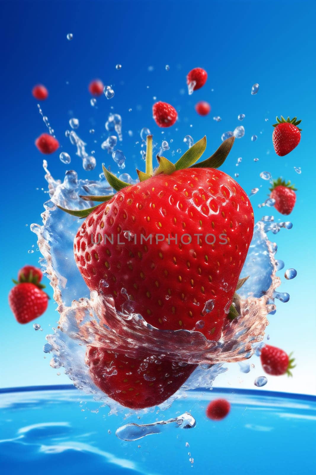 freshness strawberry background splash food blue healthy fruit water red fresh. Generative AI. by SHOTPRIME