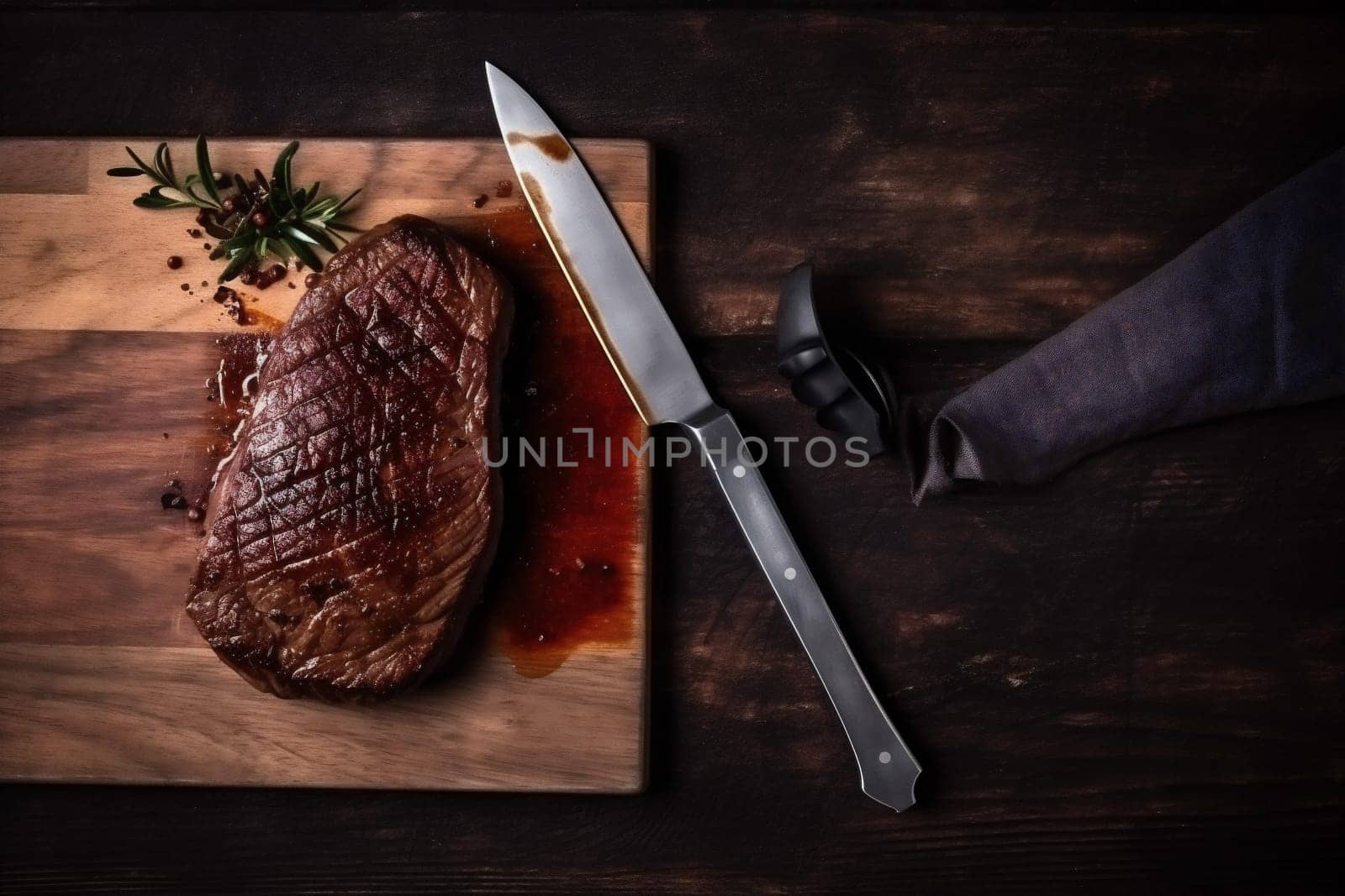 food grill meat cooking fried dark background steak red beef raw. Generative AI. by SHOTPRIME