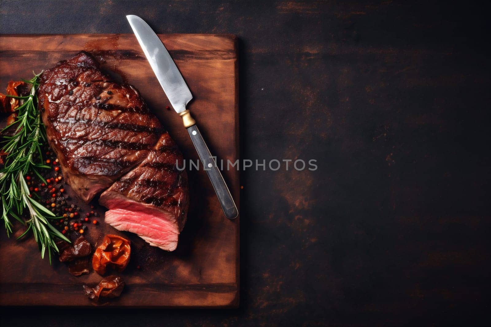 grill board raw food red meat wooden fire fried sirloin ingredient dark pepper table grilled steak fresh beef beefsteak background chop. Generative AI.