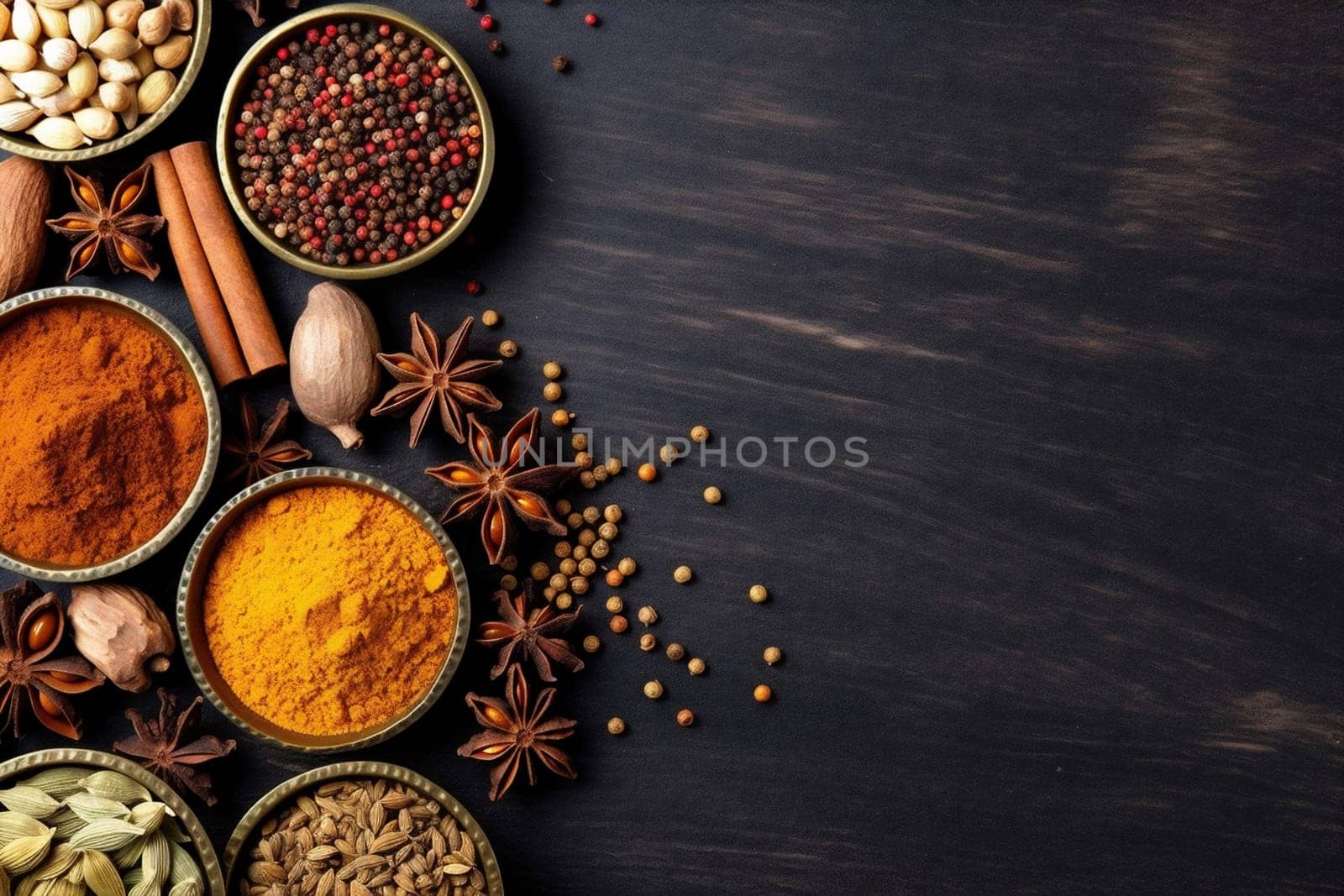 group seasoning mix cooking background fresh dry spice indian leaf black powder natural cookery paprika turkish cuisine food table ingredient herb. Generative AI.