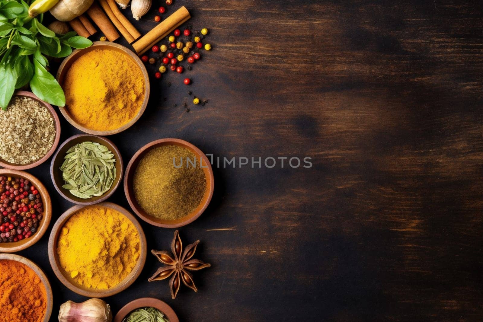 background turkish leaf seasoning powder cooking ingredient indian herb black kitchen food cuisine table spice salt dry spicy turmeric curry seed. Generative AI.