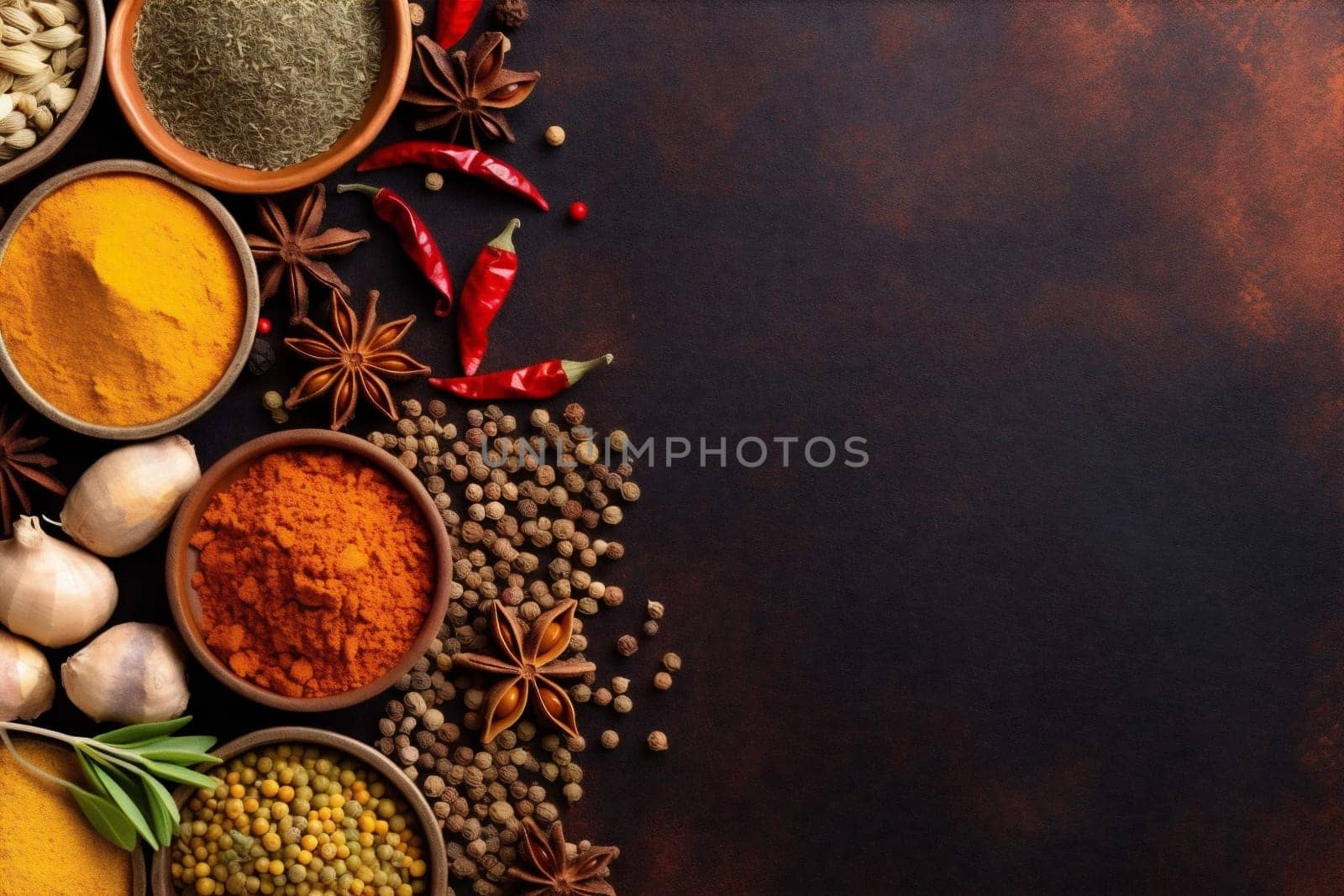 ingredient indian powder cooking dry background spicy food herb seasoning spice. Generative AI. by SHOTPRIME