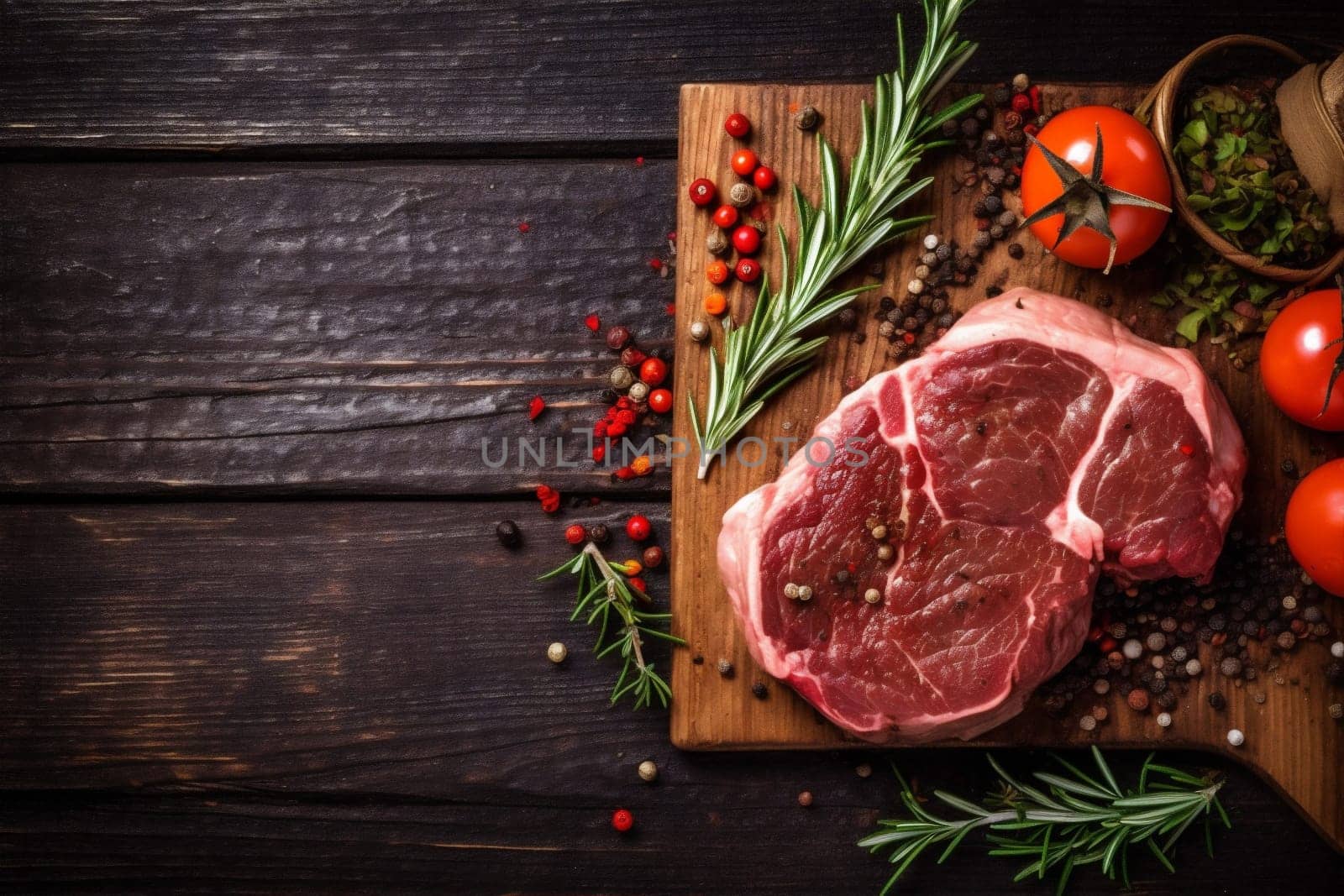 grill meat red background dark beef steak raw food salt fried. Generative AI. by SHOTPRIME
