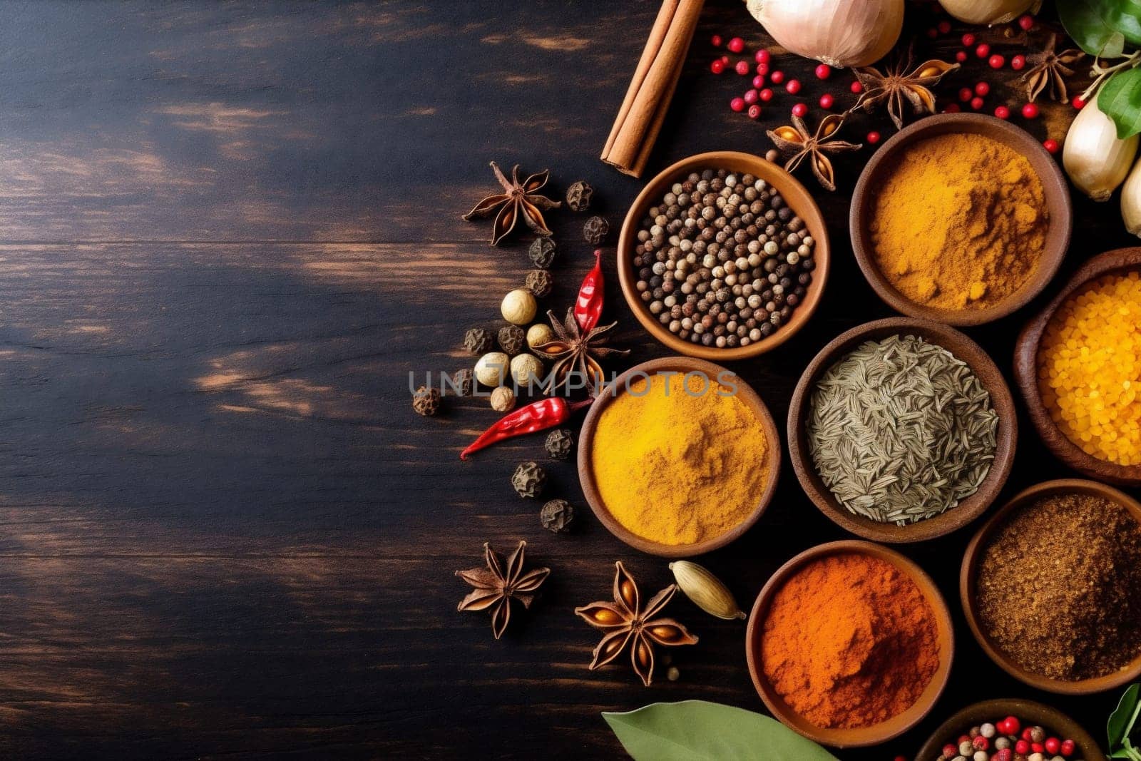 table top food curry chili herb condiment dry salt cuisine ingredient powder mix spoon spice indian organic background seasoning pepper cooking. Generative AI.