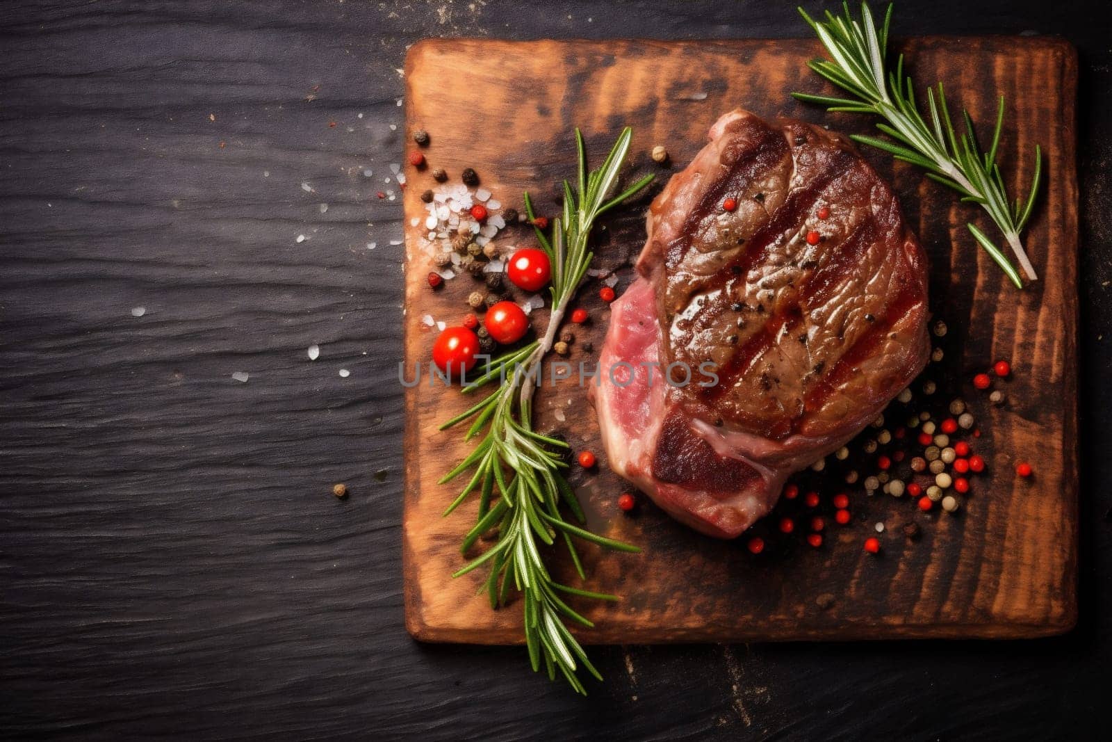 red background raw tasty steak fried meat food beef grill dark. Generative AI. by SHOTPRIME