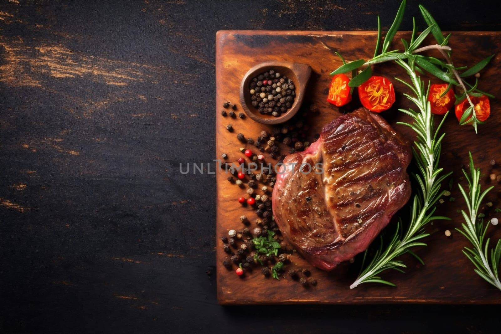 red background food beef dark grill steak slice raw fried meat. Generative AI. by SHOTPRIME